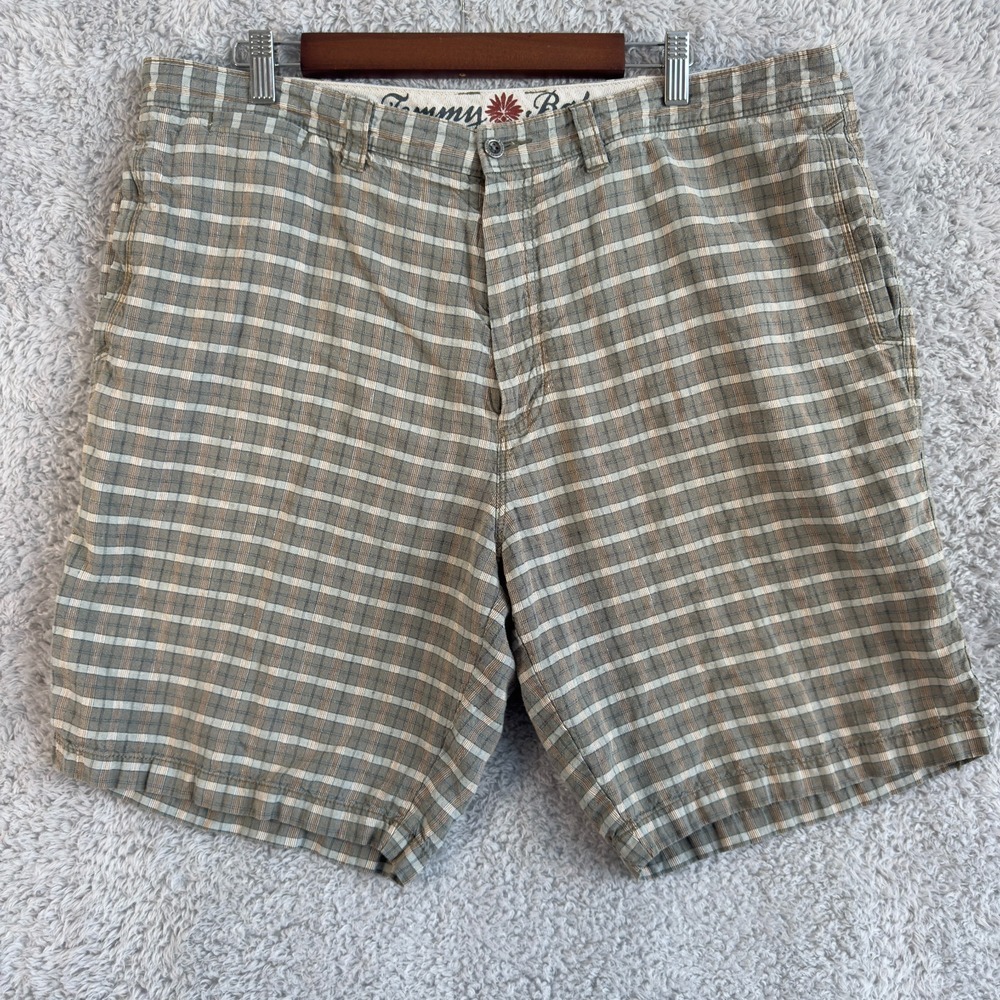 Tommy Bahama Mens 40 Paradise Nation Plaid Linen Silk Blend Shorts Olive Green